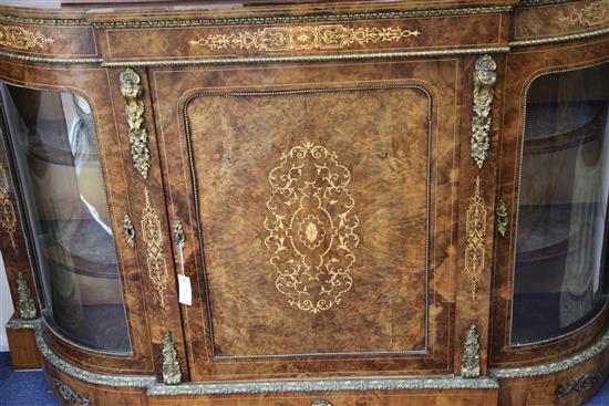 A Victorian burr walnut and marquetry credenza, W.5ft 8in. D.1ft 4in. H.3ft 6.5in.